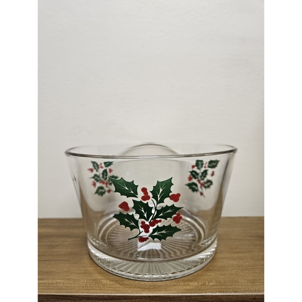 Indiana Glass Vintage Large Serving Bowl Holly Berry 7in Christmas Holiday Clear